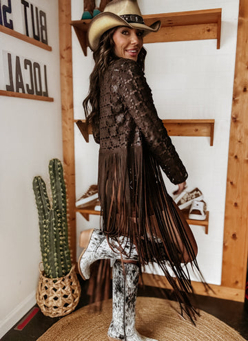 Brown suede fringe duster with floral cut-outs – long western layer for women – The Wild J
