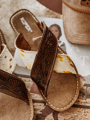 Hand-tooled floral genuine leather western slide sandals by Roper