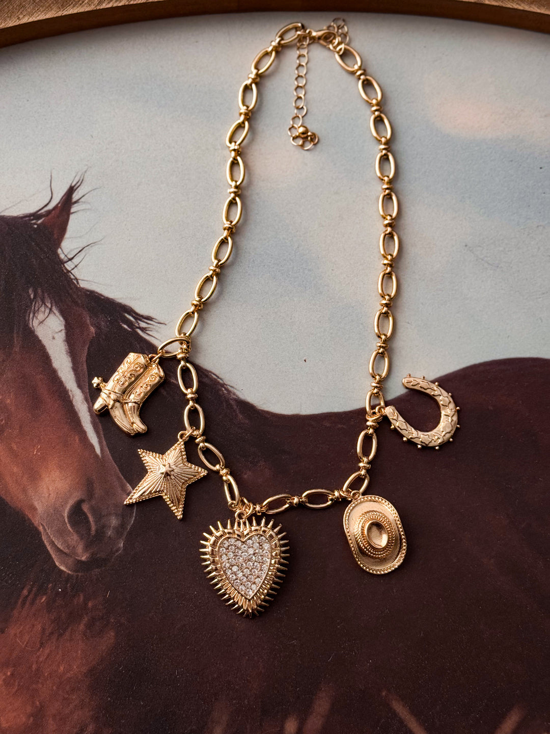 western charm necklace, cowboy boot charm, heart charm, star charm, cowboy hat charm, horseshoe charm, gold western charms