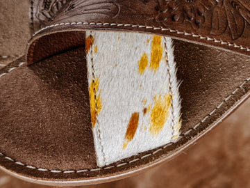 Unique hair-on-hide cowgirl sandals on rubber outsole