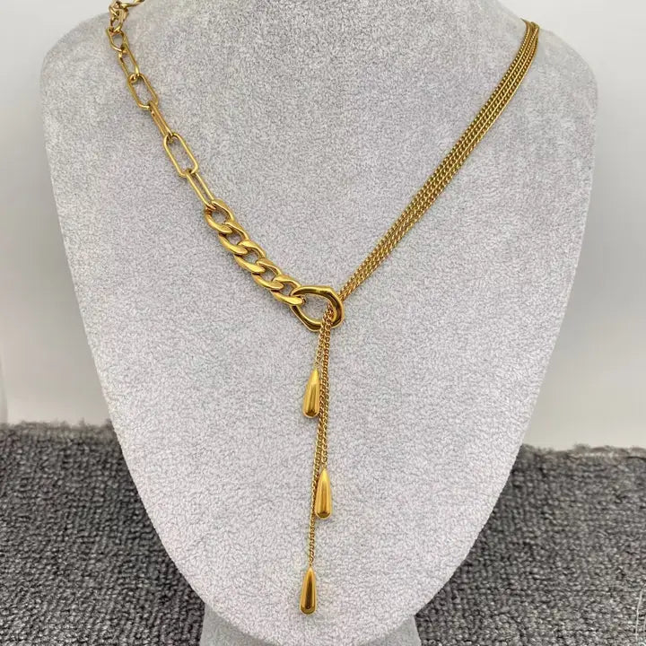 Golden Multi-Chain Tear Drop Lariat Necklace – 18K Gold Plated Stainless Steel