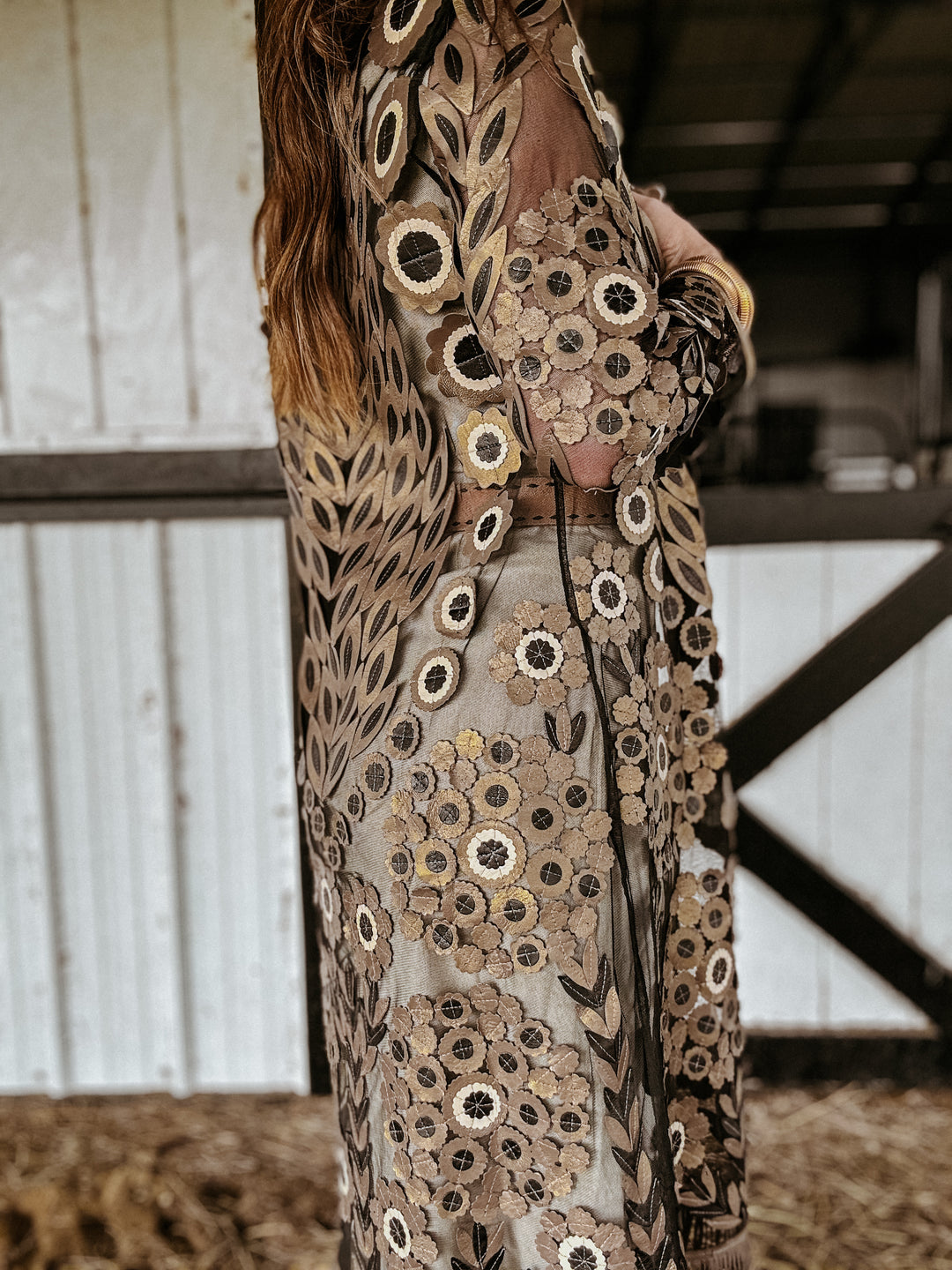 mesh long cardigan - black leather duster - gold duster close-up