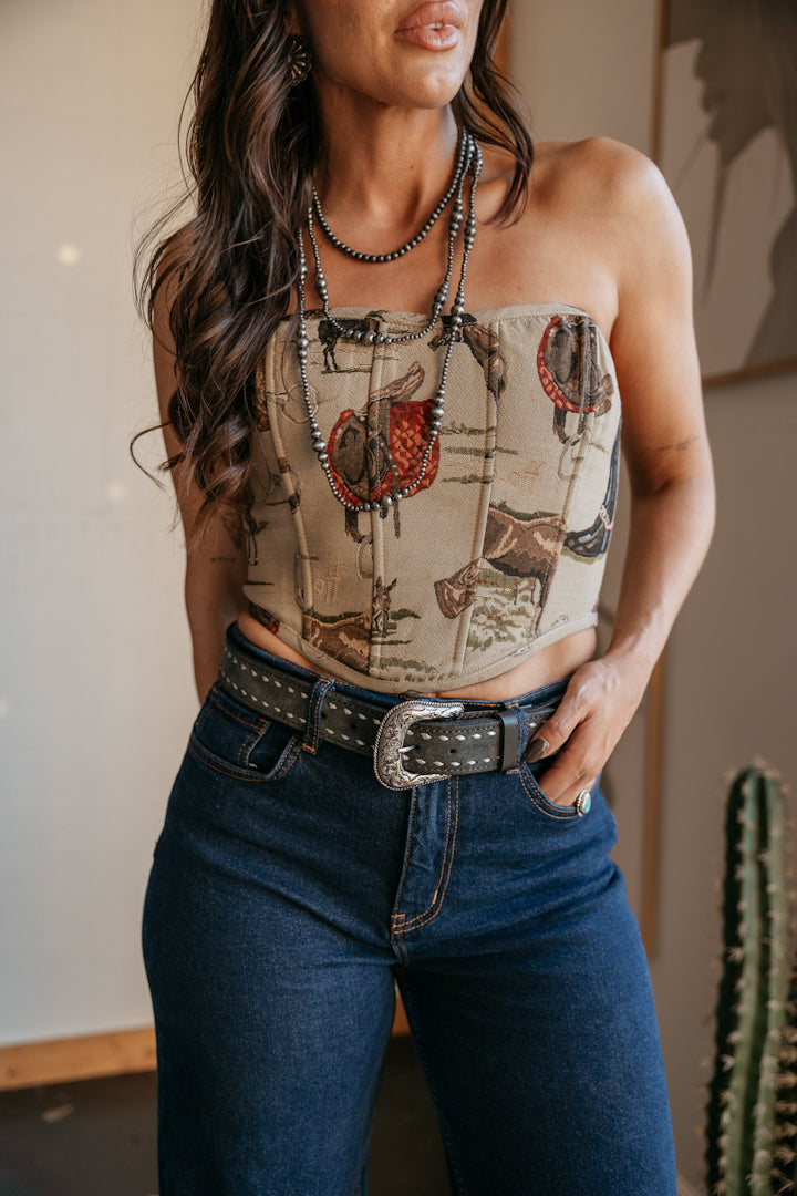 western print beige corset top