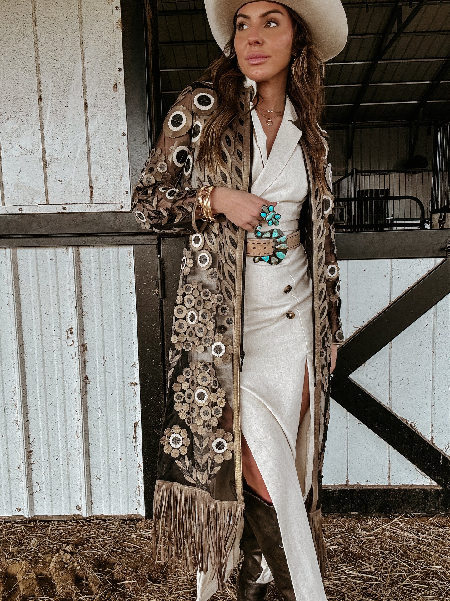 black and gold fringe duster with daisy cut-outs, open front
