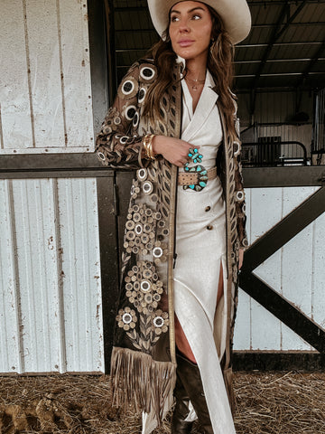 black and gold fringe duster with daisy cut-outs, open front
