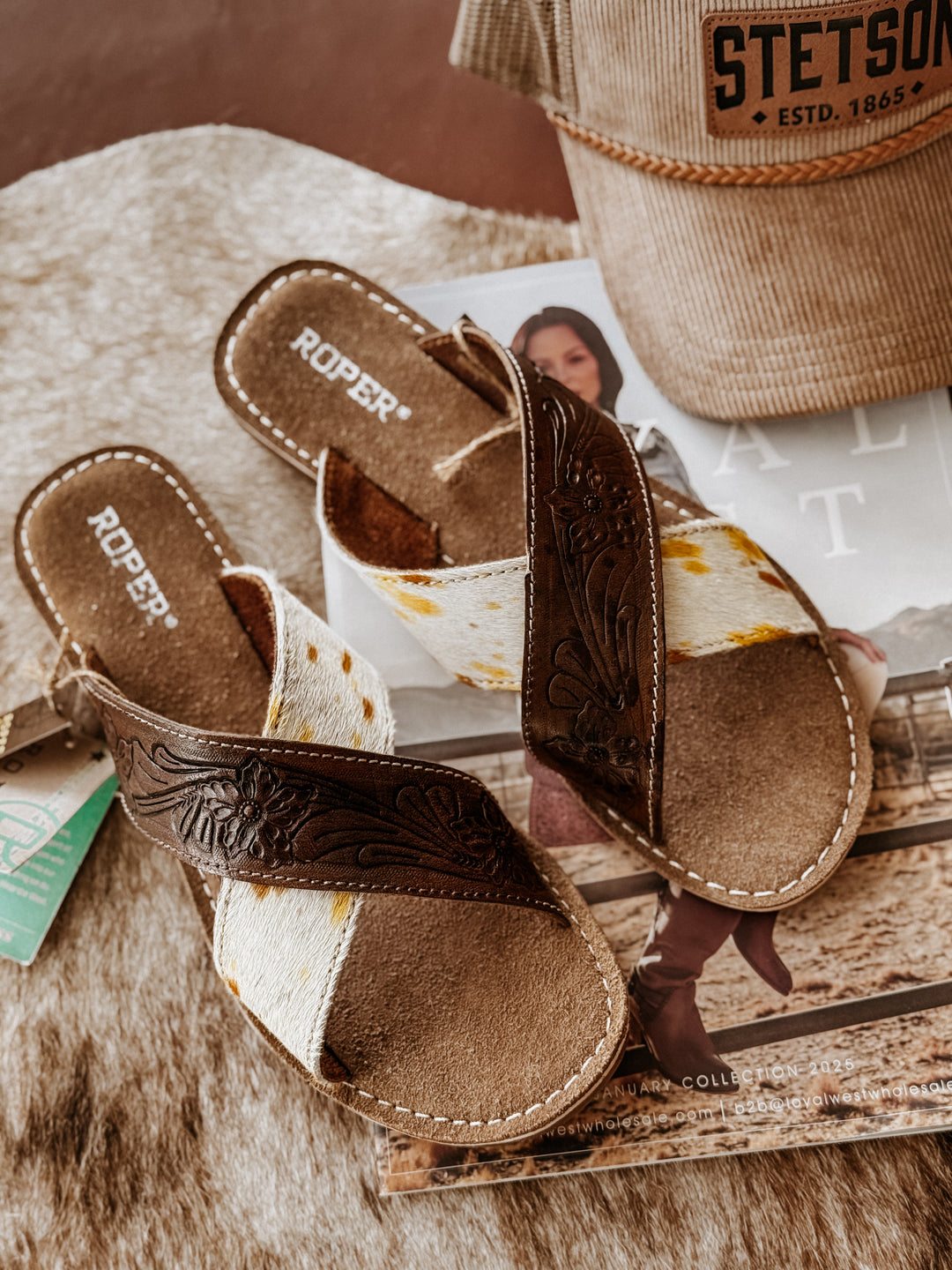 Roper Delaney tooled leather women’s sandals with hair-on-hide crossband
