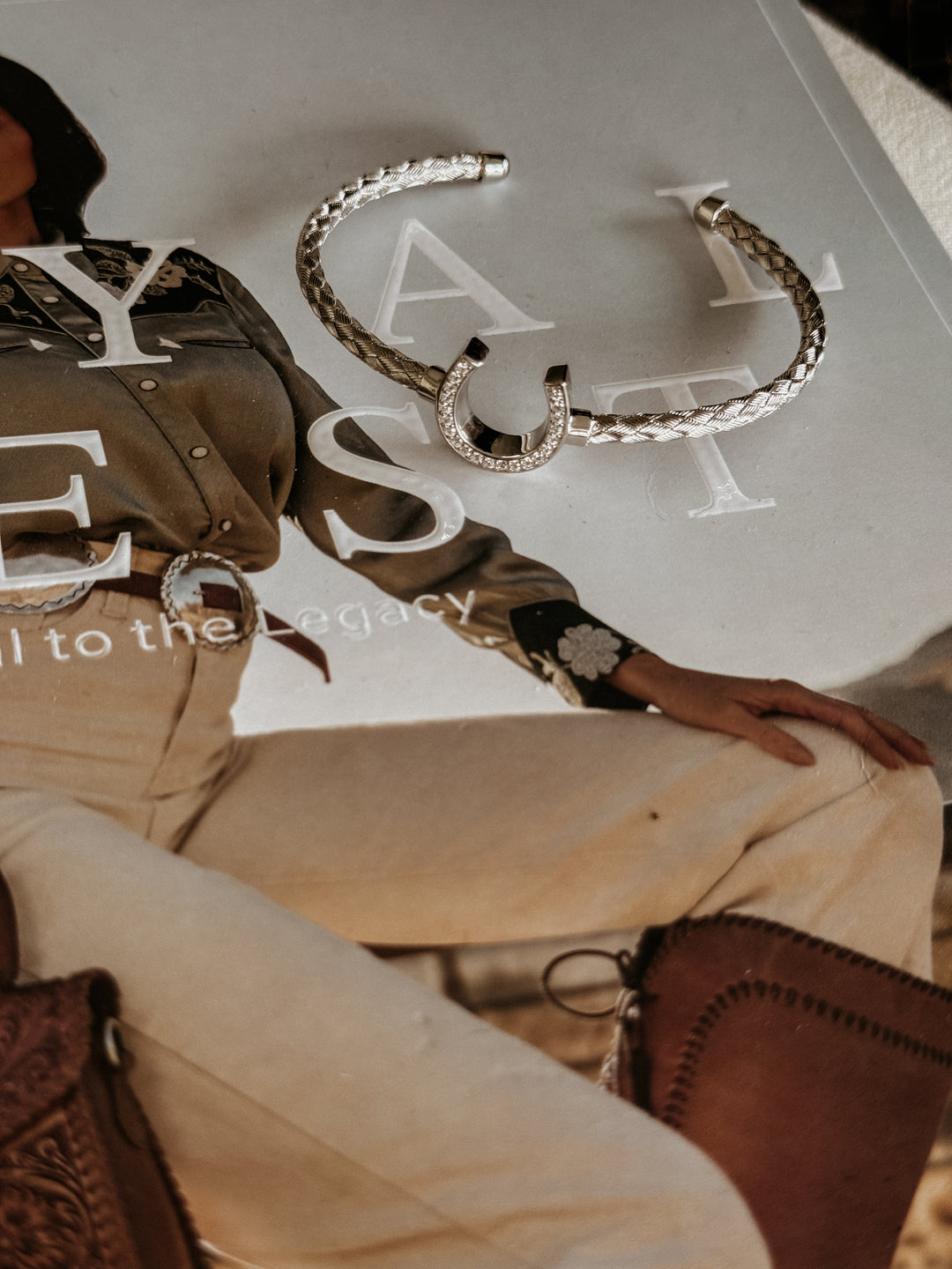 Sterling silver western horseshoe bracelet on Italian weave band