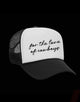 Black and white mesh trucker hat with 'for the love of cowboys' Western script text