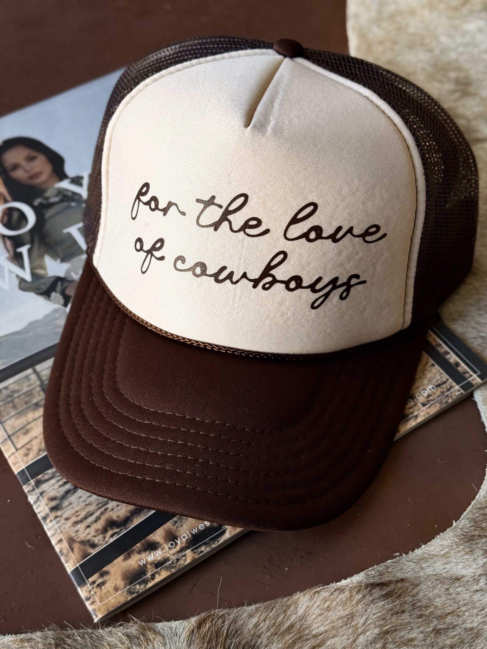 For the Love of Cowboys tan and brown embroidered trucker hat