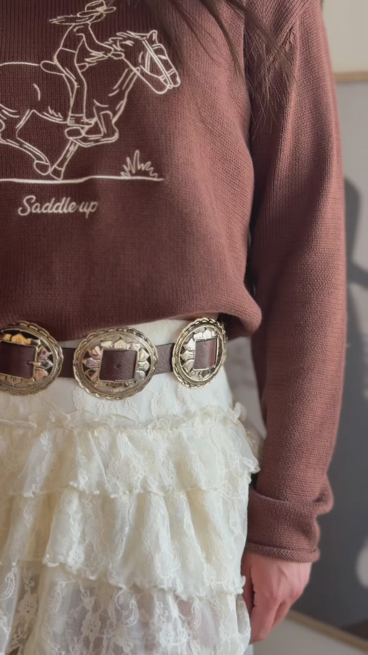 Embroidered Saddle Up Sweater- Brown
