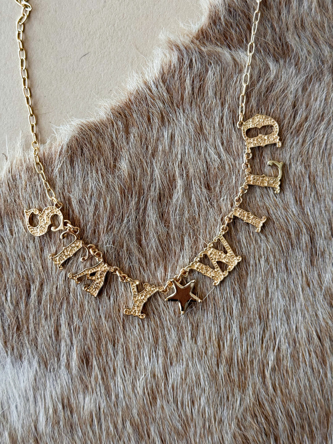 Western gold letter charm necklace with adjustable chain