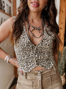 woman wearing leopard print denim cowgirl vest – western vest for women at The Wild J