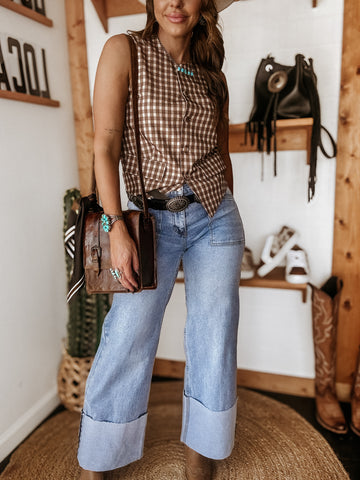 western wide leg cuffed jeans with western gingham vest