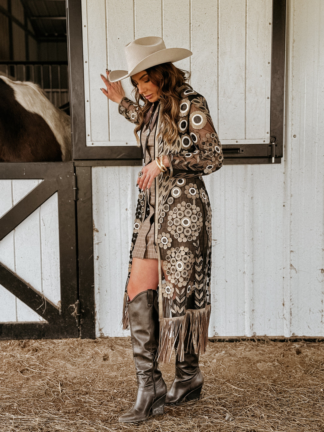 cute Saints game outfit. black and gold cardigan with cowboy hat and boots