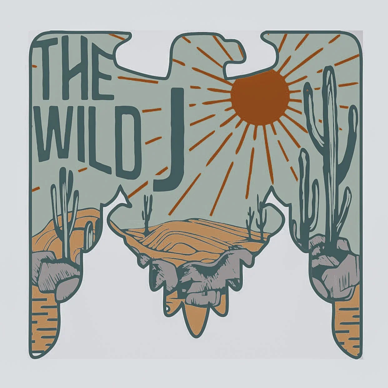 Southwestern desert graphic with cacti, sun, and mountains, featuring bold text 'The Wild J'.